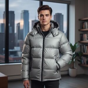 Lands End Men's Reversible Puffer Jacket Size L 14-16 Goose Down Winter Hooded